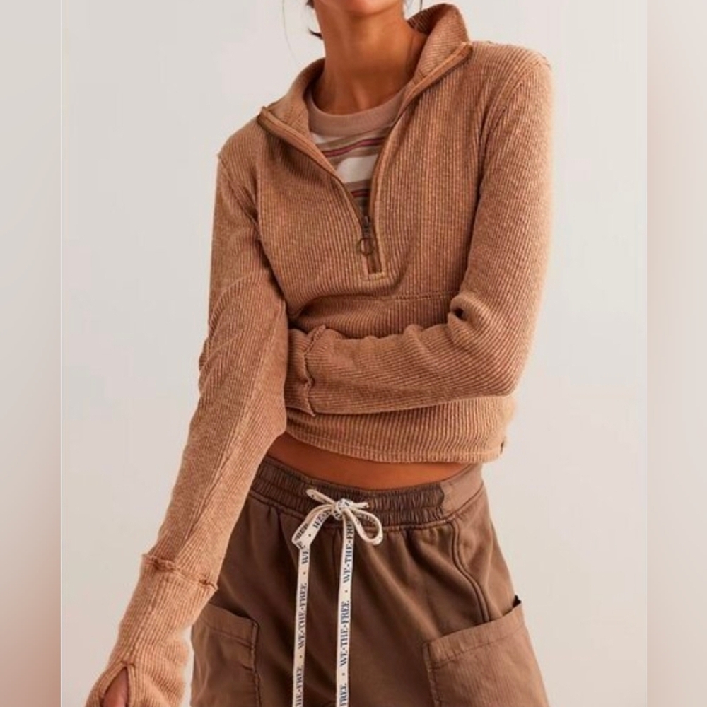 We The Free Ribbed Knit Pullover Half Zip Mock Neck Top Size Large